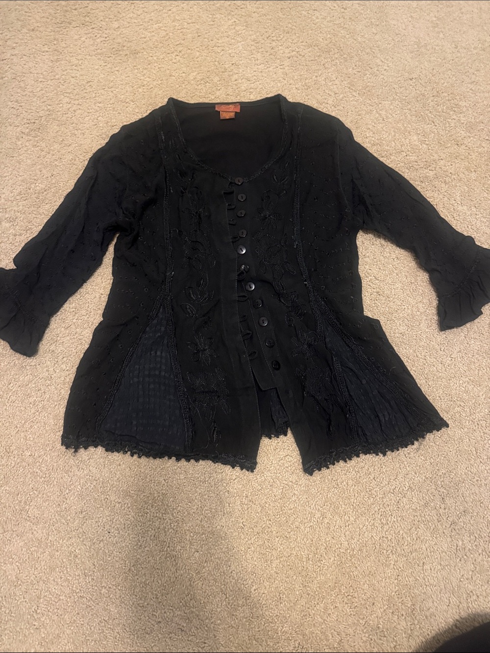 Scully Black Button-Front Embroidered 3/4 sleeve Honey Creek Collection